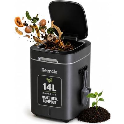 Reencle electric composter lid open showing food scraps being loaded for processing